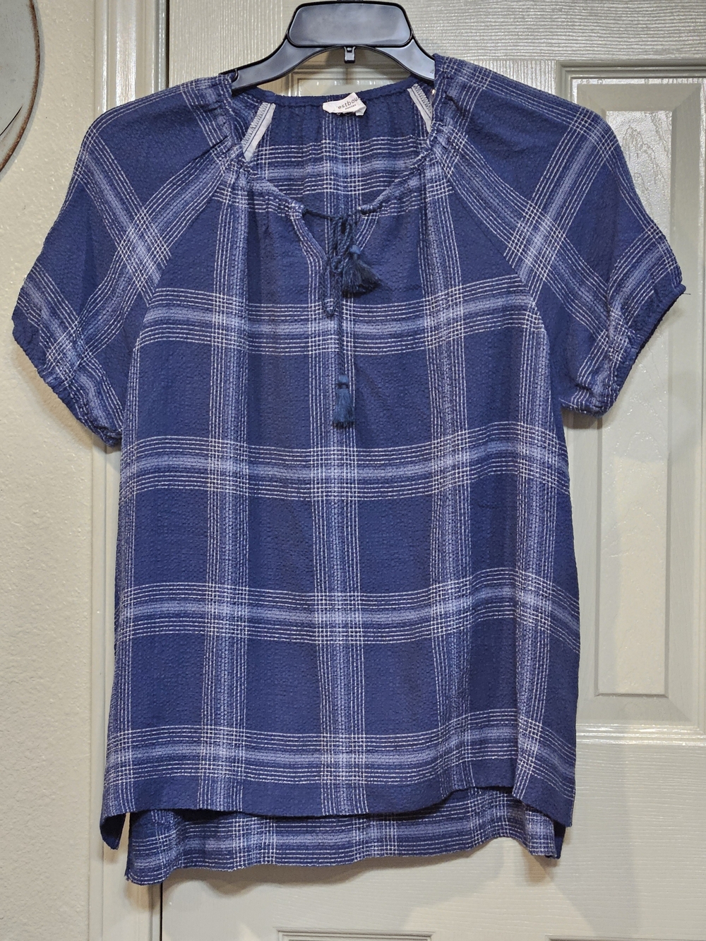 Westbound Blue Plaid Short-Sleeve Tie-Neck Blouse